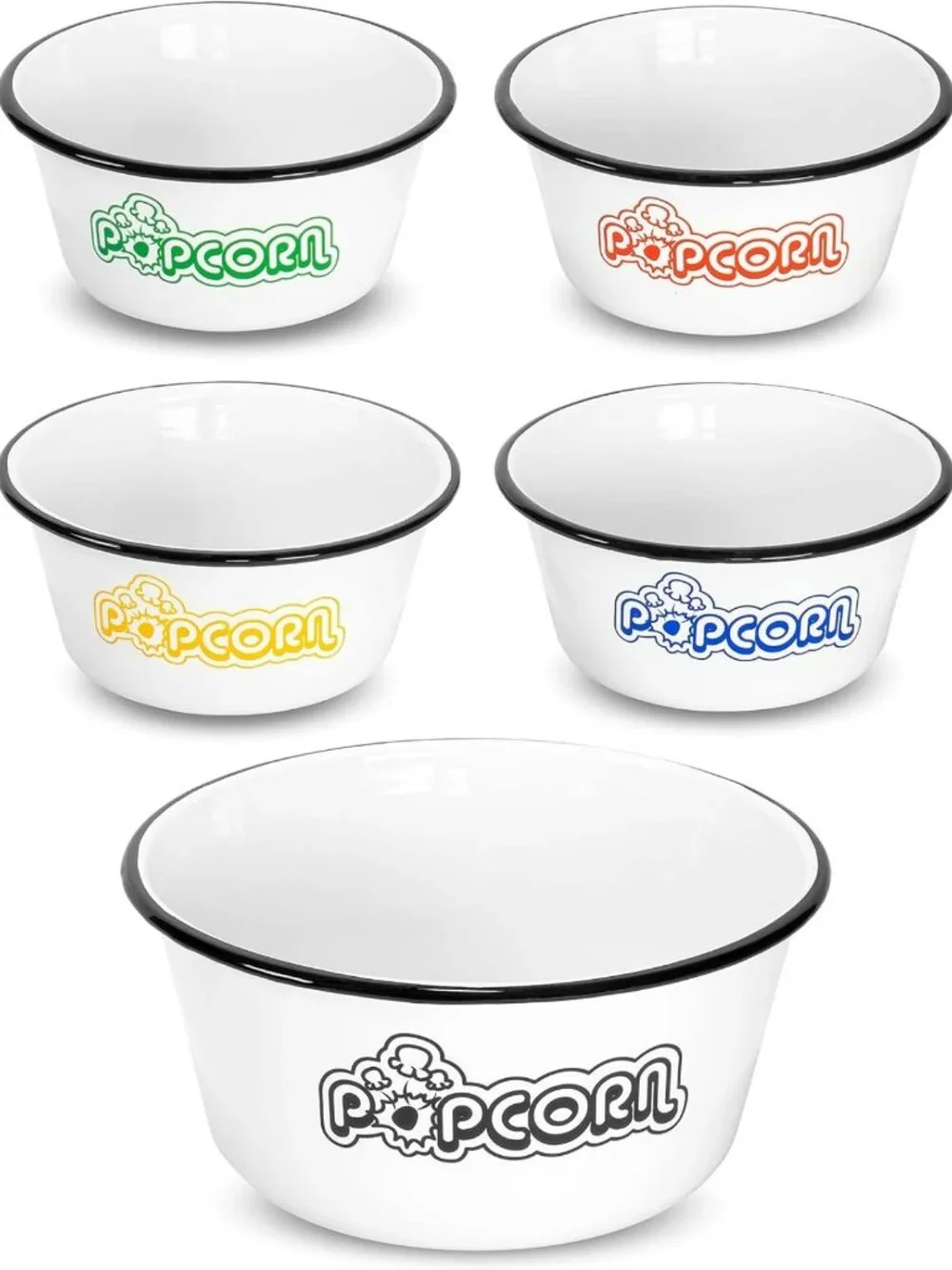 Set of 5 White Enamel Popcorn Bowls - Classic 4 Quart & 1.2 Quart, Assorted